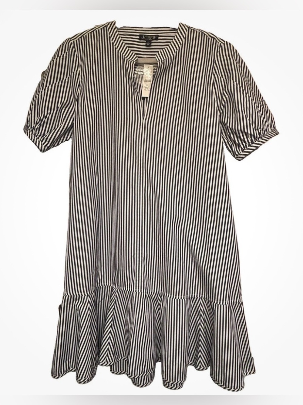 J. Crew Navy and White Striped Ruffle-Hem Casual Dress
